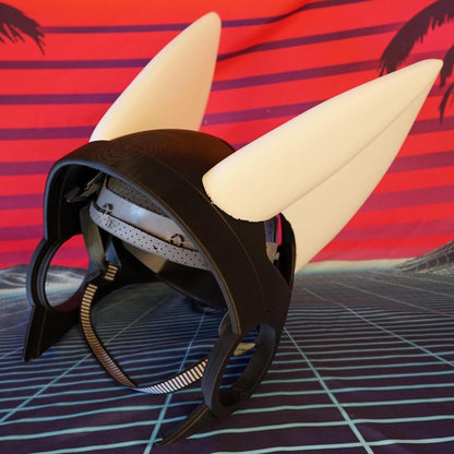 Pair of 3D printed fox ears for protogen fursuit, shown from front, natural pointed tip design