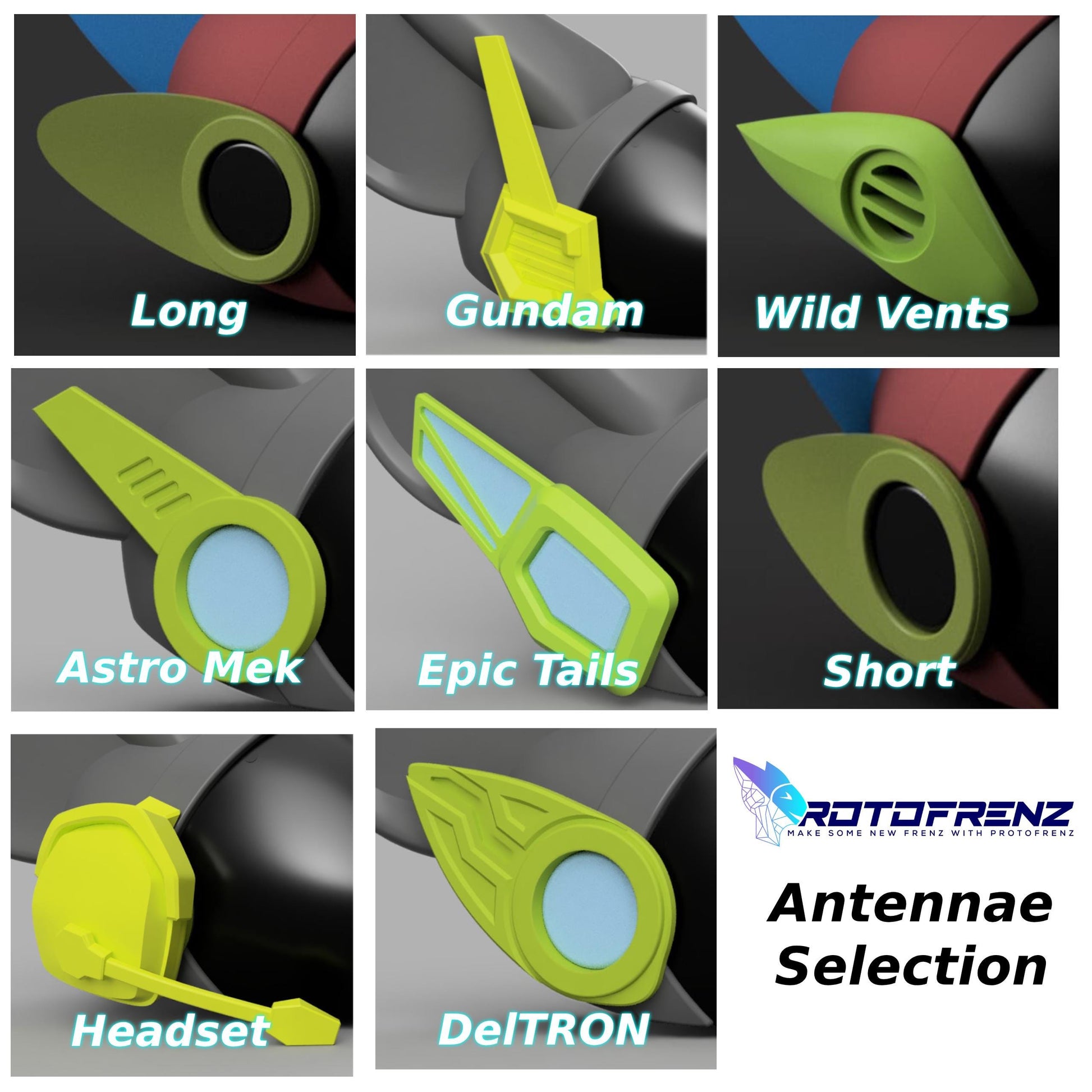 ProtoFrenz fin styles — all nine options, labeled