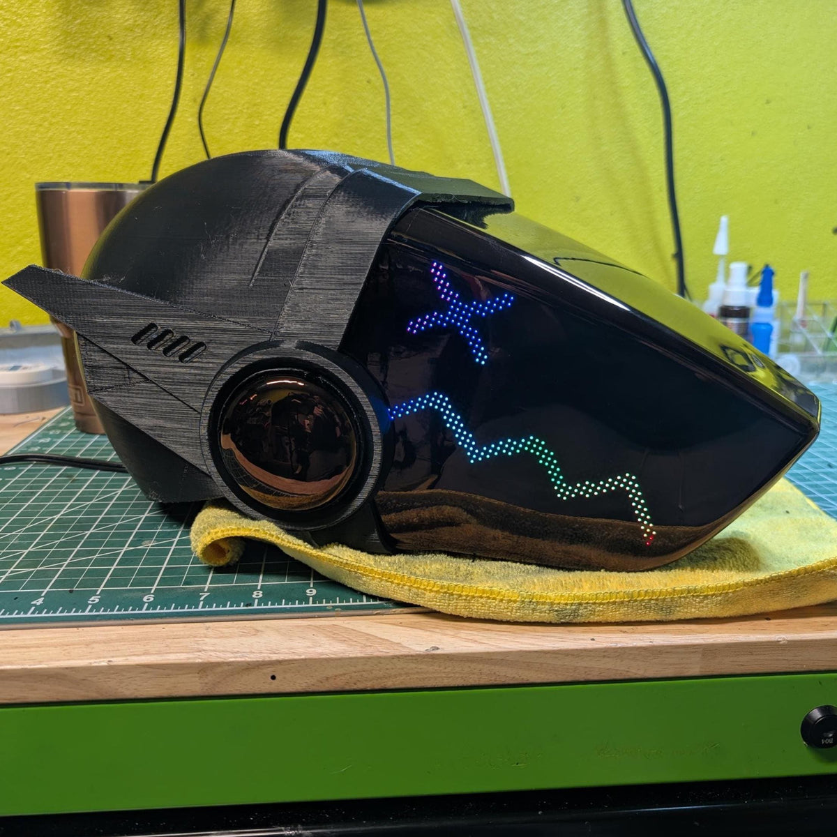 ProtoFrenz Legacy Rewired MK5 protogen head with full-color NeoPixel RGB LED display lit, front view