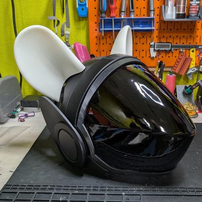 Pair of 3D printed round mouse ears for protogen fursuit, compact disc shape, shown from front