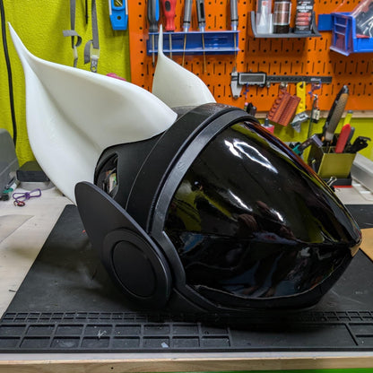 Pair of 3D printed lynx ears with tufted tip detail for protogen fursuit, shown from front