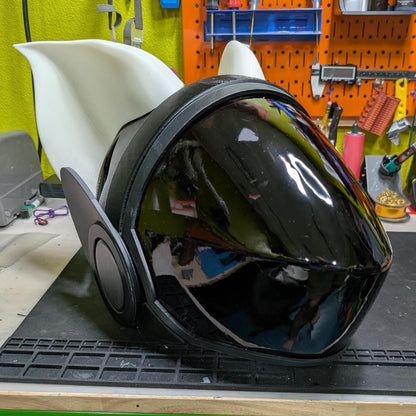 Pair of 3D printed bat wing ears for protogen fursuit, ribbed detail visible, shown from front