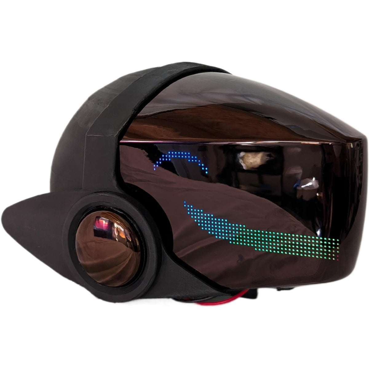 ProtoFrenz Legacy Rewired MK3 protogen head with full-color NeoPixel RGB LED display lit, front view