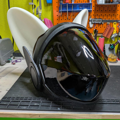 Pair of 3D printed rounded pup ears for protogen fursuit, soft floppy-tip shape, shown from front