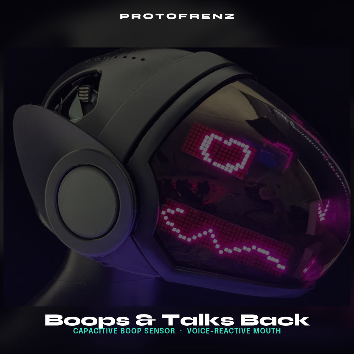 Protogen Head ProtoFrenz Iris — Boop Sensor, Talking Mouth, Fan, LED Matrix | Studio Build