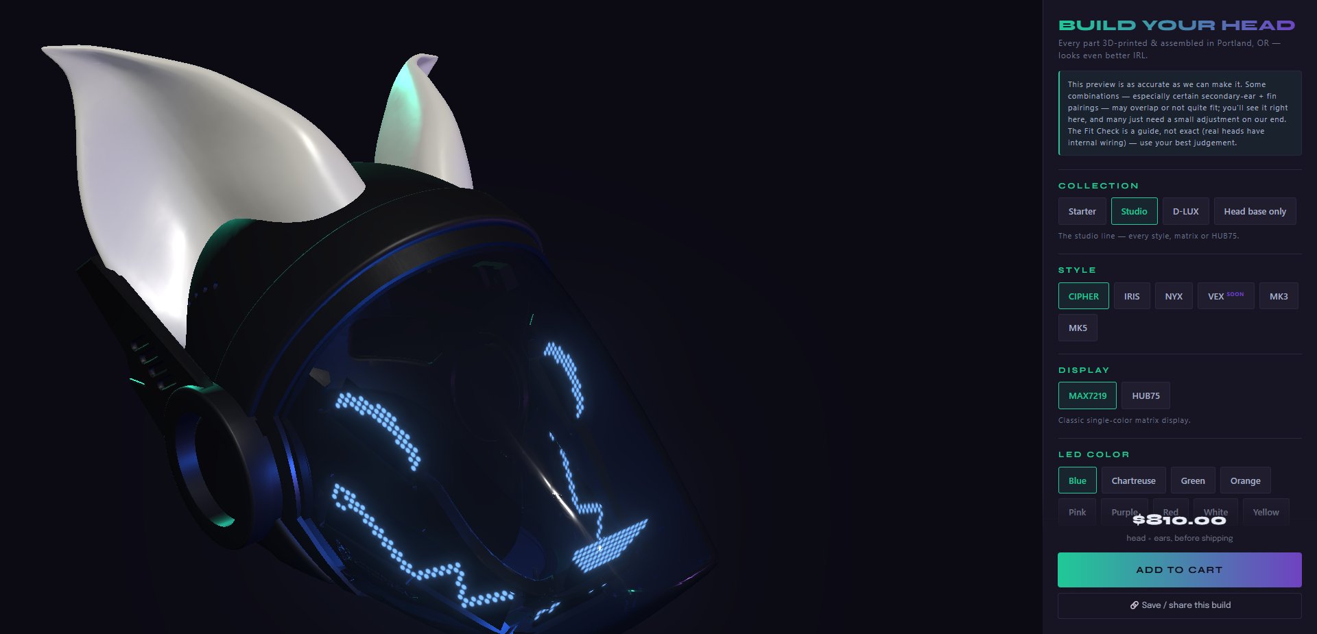 The ProtoFrenz 3D configurator showing a protogen head build